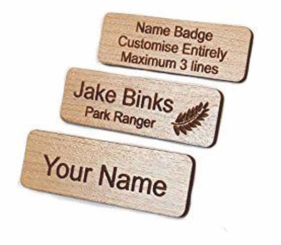 Personalised Wooden Name Badge with Pin Pack of 10 Choice of Wood